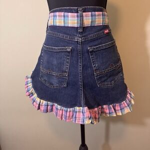 Vintage Apron Made From Wrangler Denim Jeans With Plaid Ruffles Front Pockets‎